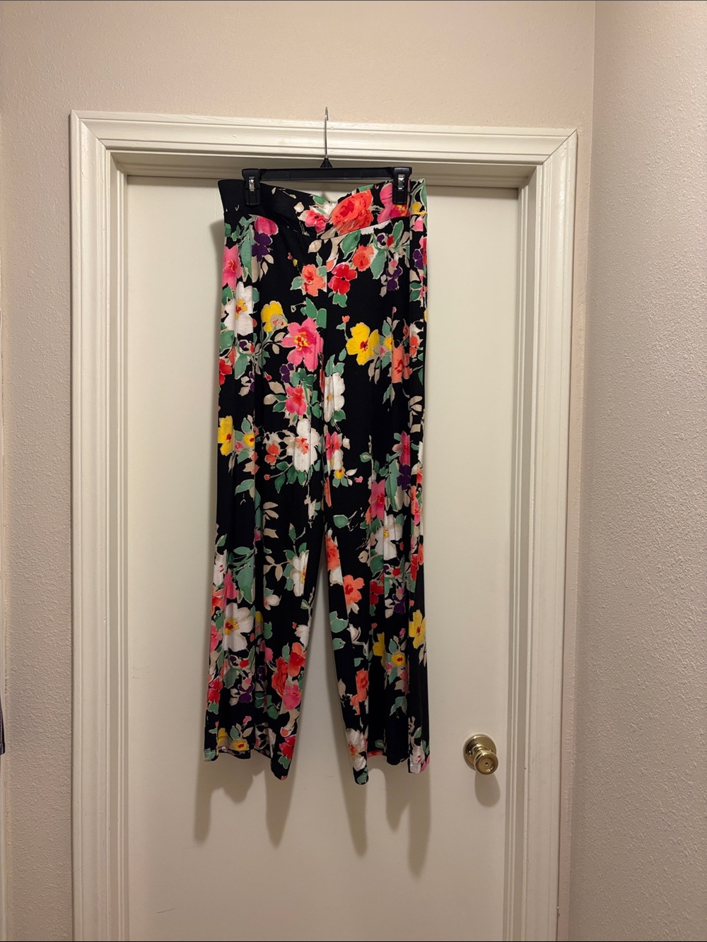 Ralph Lauren Black Wide-Leg Floral Pants with Pink, Yellow & White Blooms
